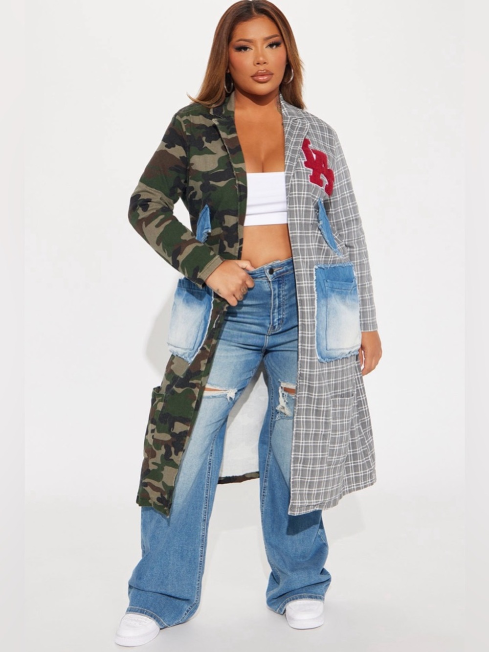Fashion Nova Patchwork Camo Plaid Coat Denim Pockets Long Statement Jacket NWT - Picture 4 of 6
